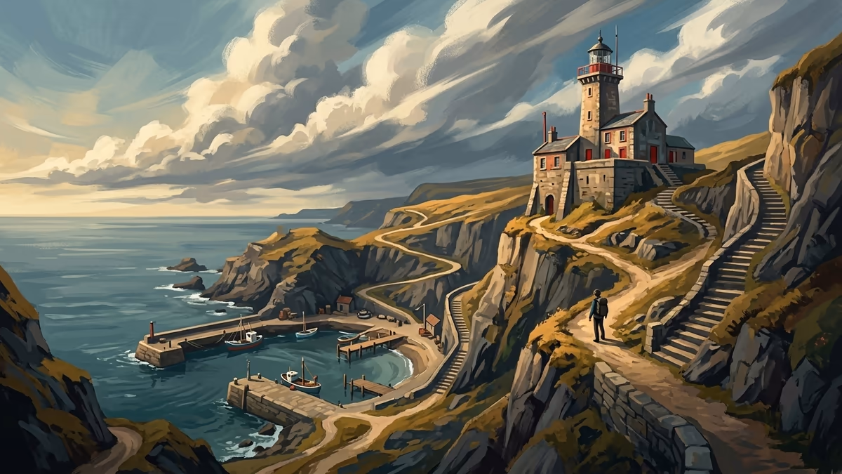 A rugged coastal signal station with a lighthouse, branching cliff paths, and a harbor below.