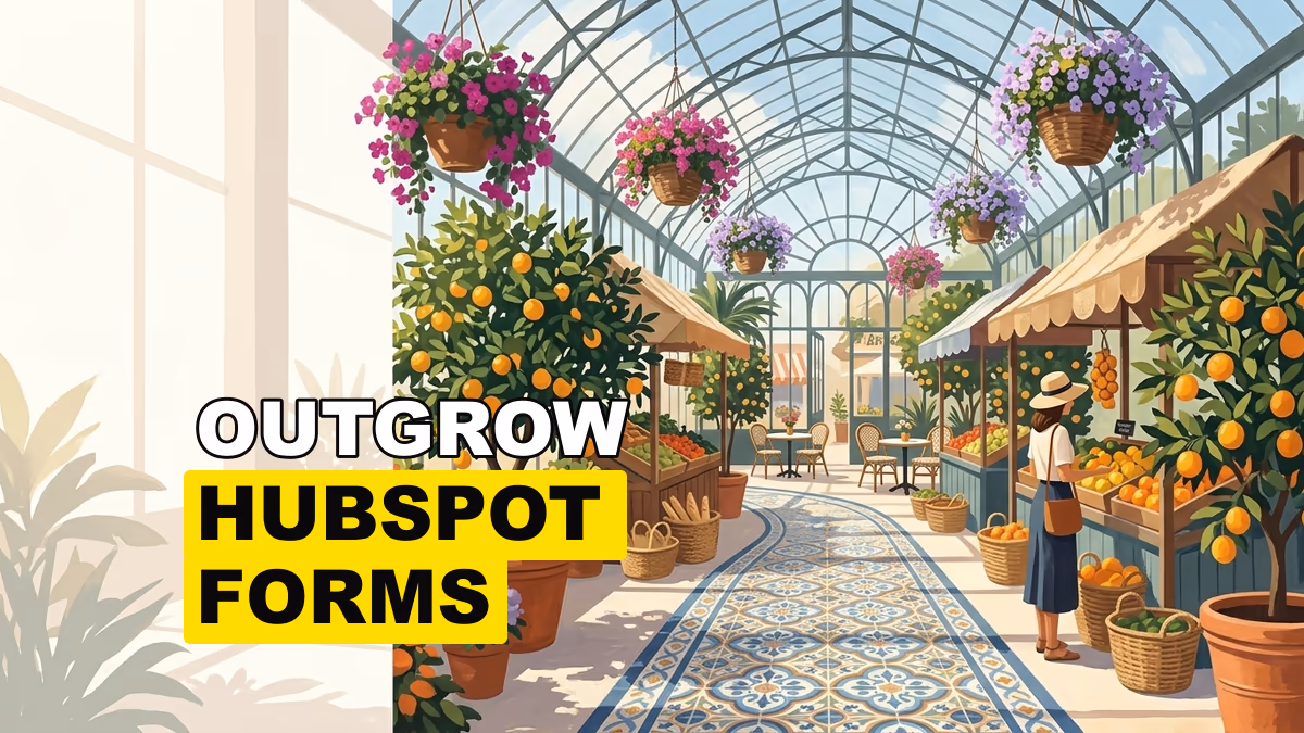 A sunlit greenhouse market with citrus trees, hanging flowers, patterned tile walkways, and glass roofing.
