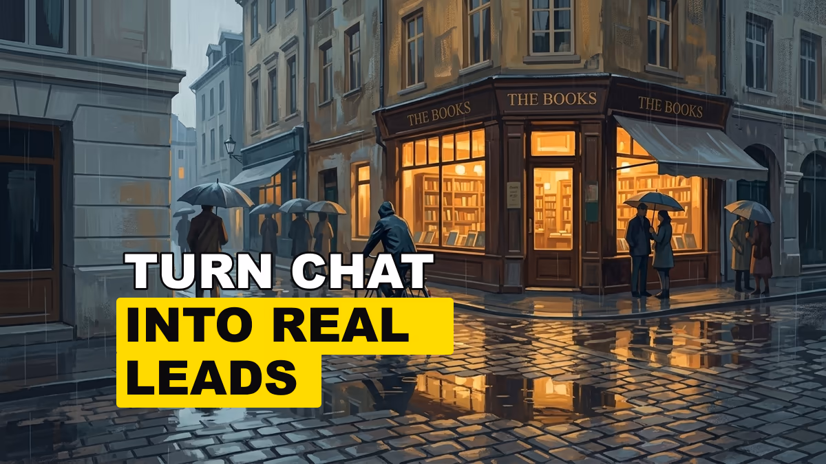A rainy bookstore street corner with glowing windows, a cyclist, umbrellas, and reflective cobblestones.