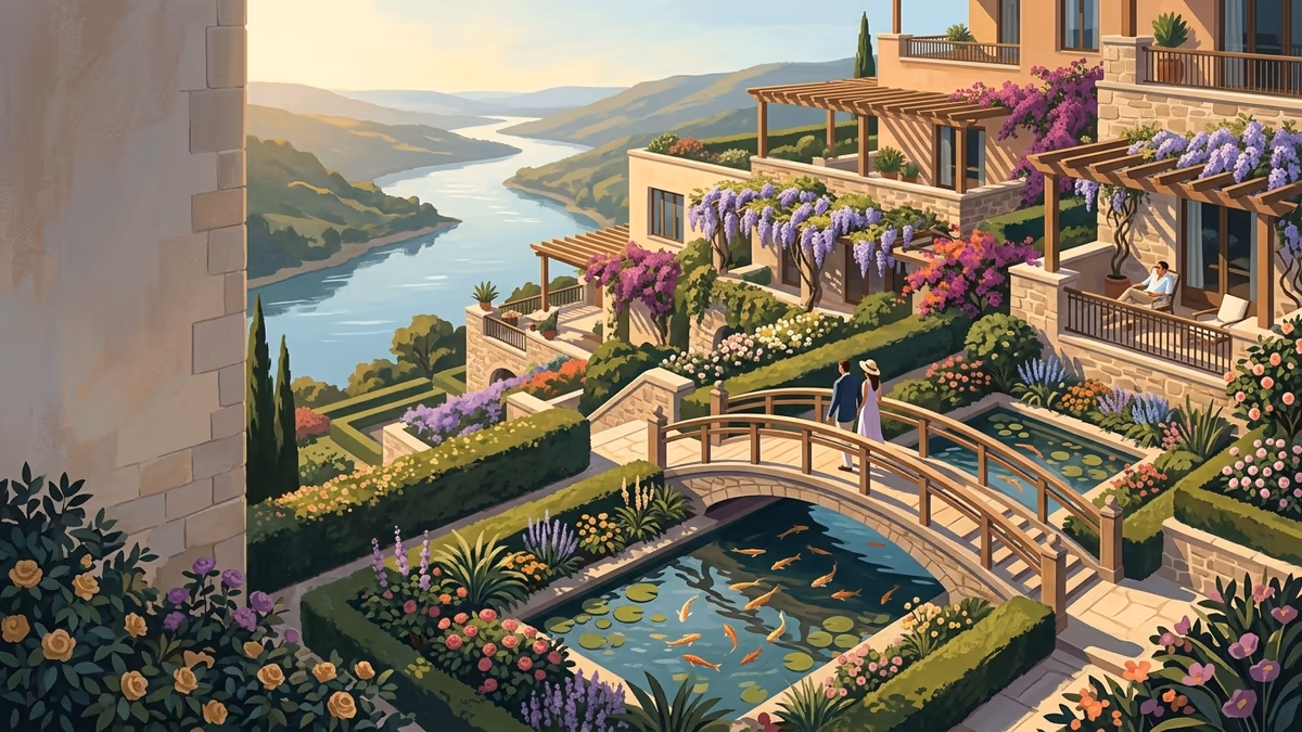 A terraced garden hotel above a river with an arched footbridge, koi pond, and layered blossoms.