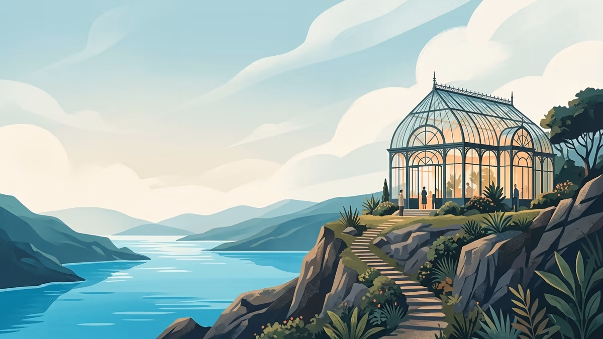 A clifftop glass conservatory above a bright blue inlet with a winding stone path and distant hills.