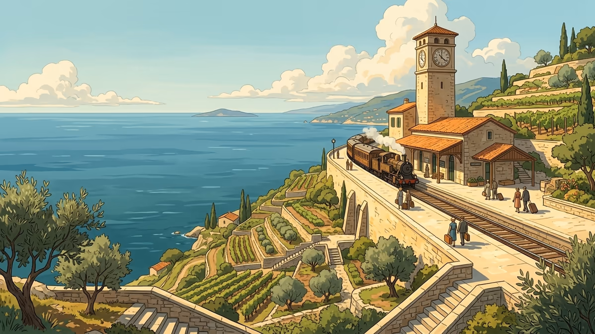 A sunlit hilltop railway platform with a clocktower, terraces, and the sea in the distance.