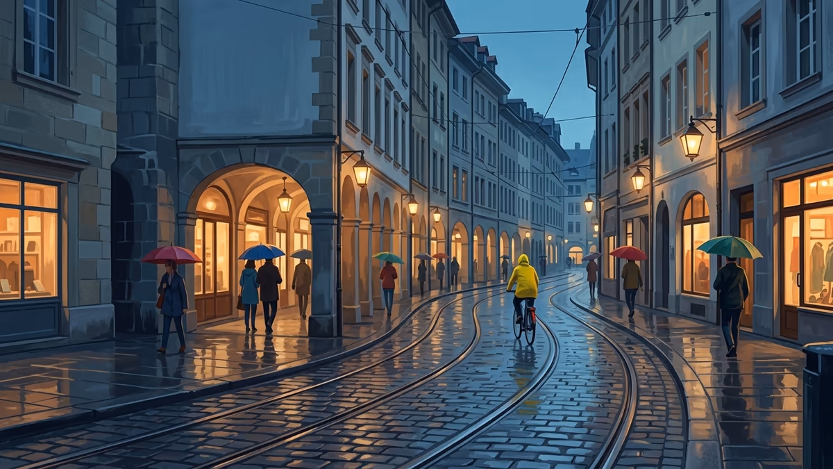 A lantern-lit old-town arcade after rain with tram rails, umbrellas, and glowing shop windows.