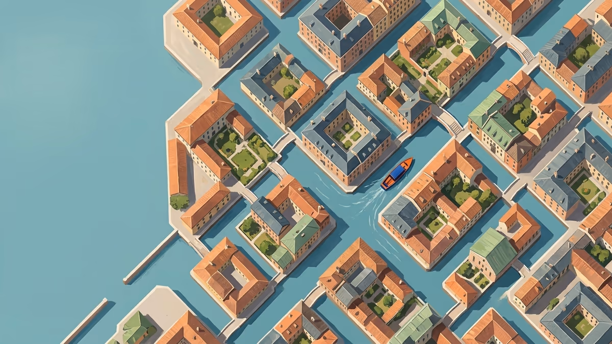 An overhead canal city with branching waterways, bridges, rooftops, and a bright boat below.