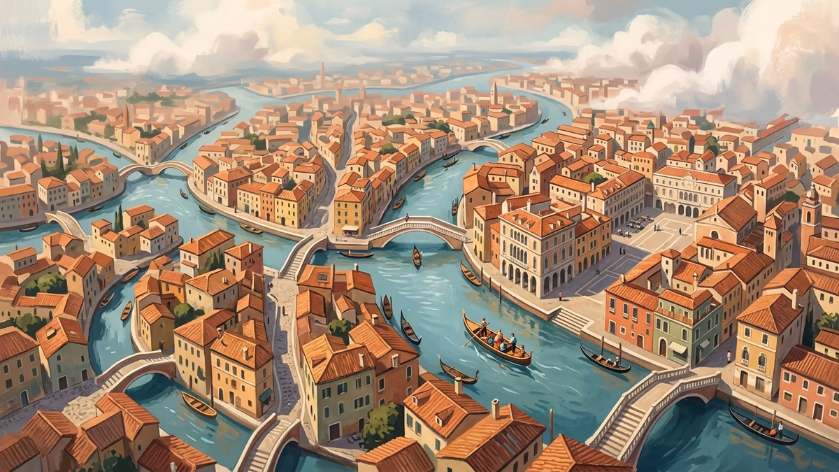 An overhead canal city with branching waterways, bridges, rooftops, and a few boats in bright daylight.