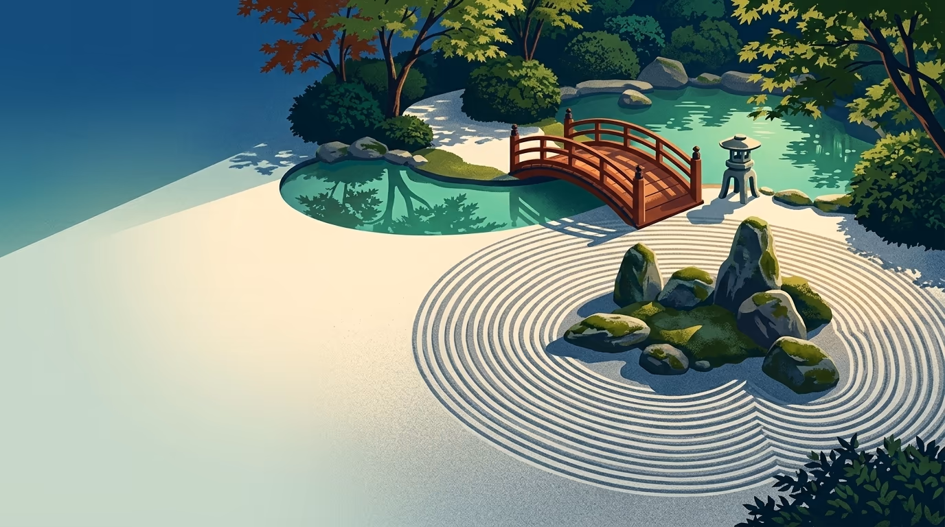 An overhead view of a sunlit Japanese garden with raked gravel paths, mossy stones, and a small wooden bridge over still water.