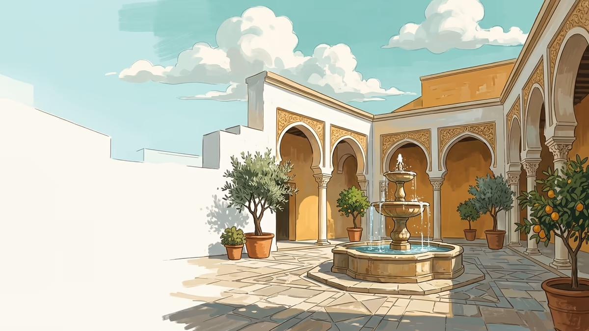 A sunlit Mediterranean courtyard with arches, a fountain, potted trees, and patterned stone.