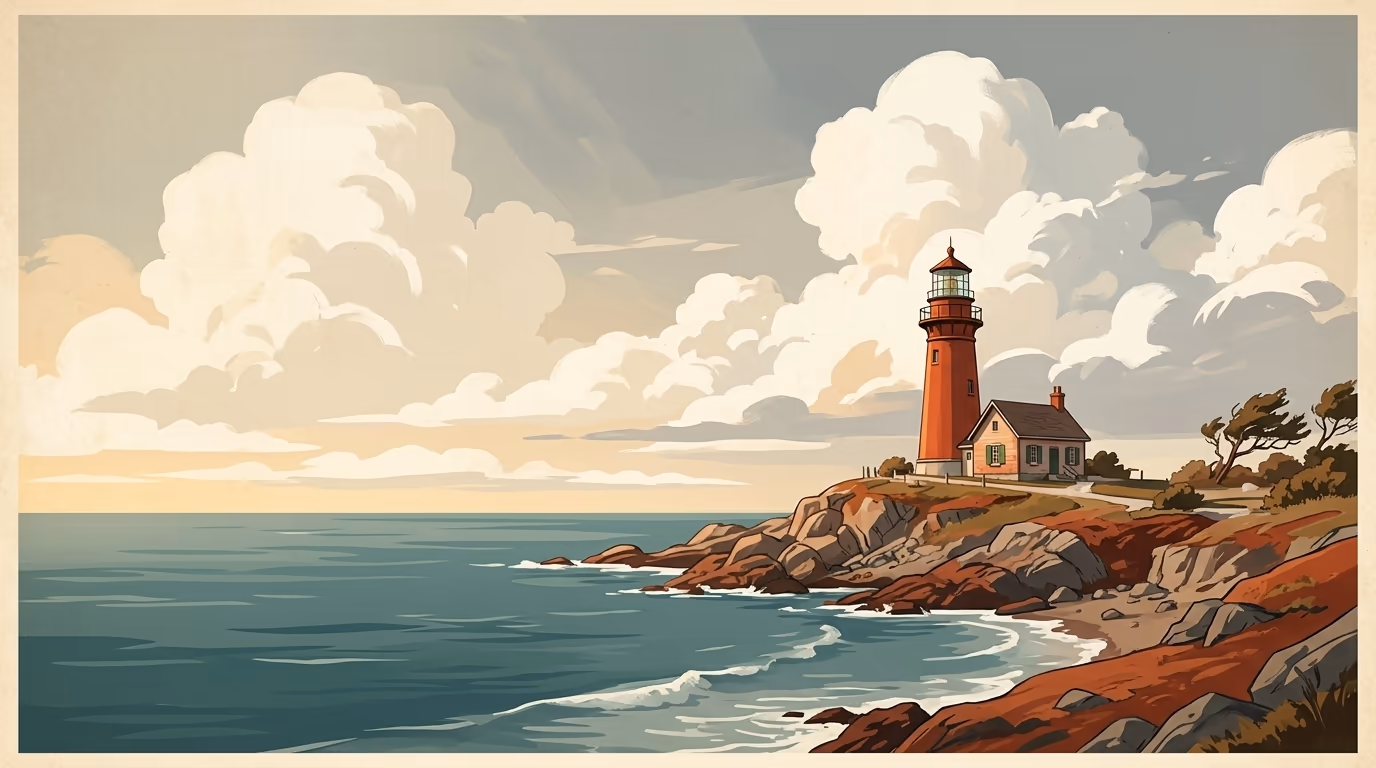 A red-roofed coastal lighthouse on a rocky shoreline with wide open sky and calm water stretching to the horizon.