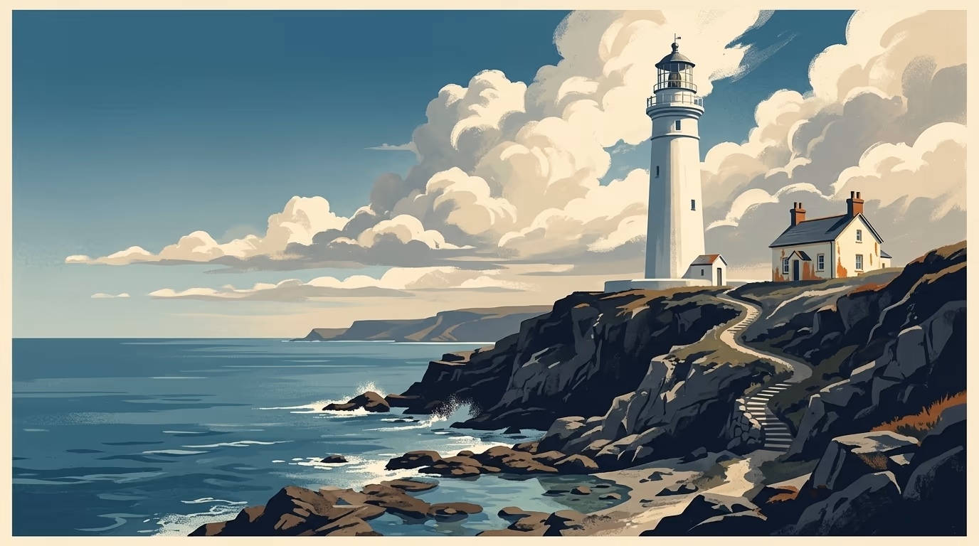 A coastal lighthouse perched on rocky cliffs with calm blue water below and dramatic clouds above.