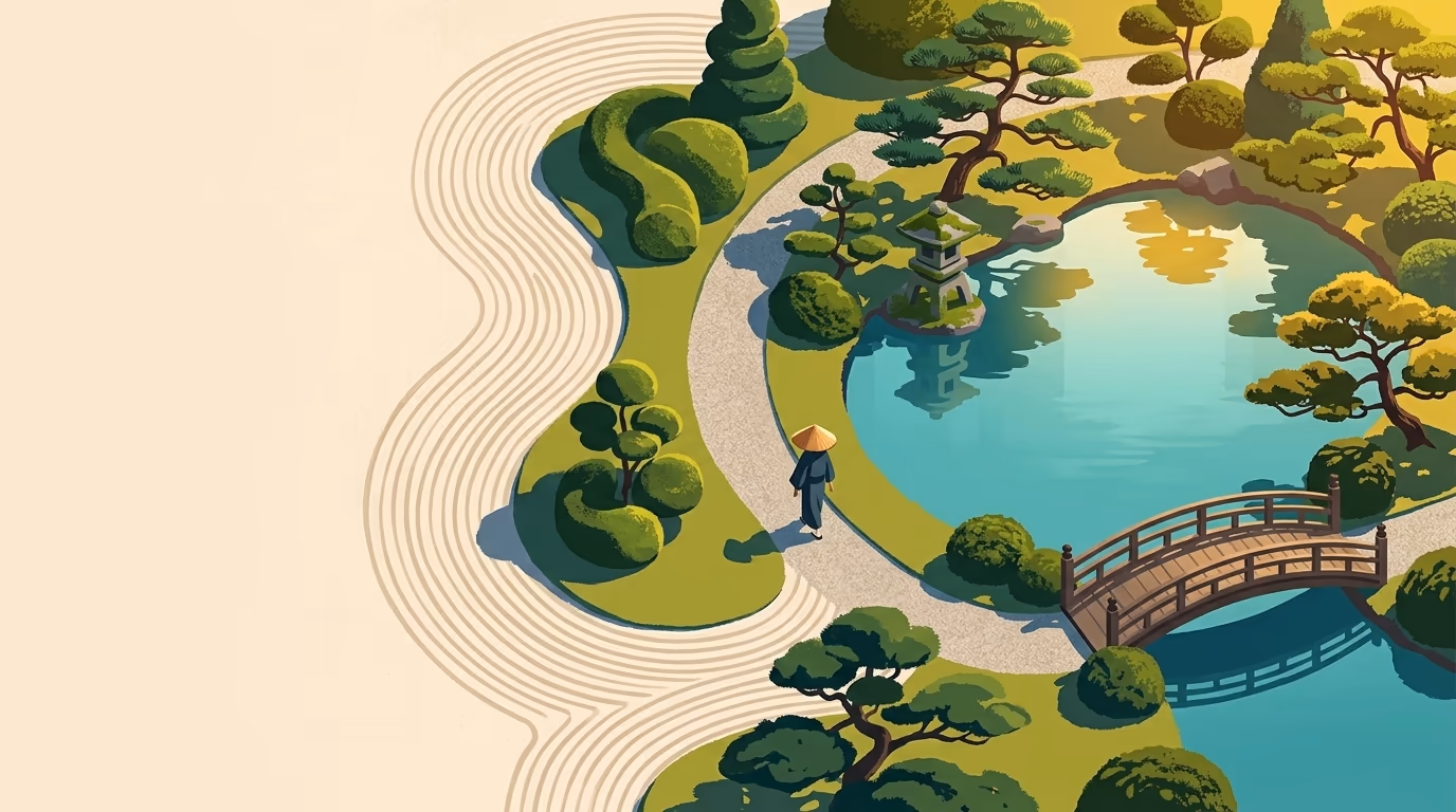 Overhead view of a Japanese zen garden with raked sand patterns, a stone bridge, and a lone figure in a conical hat walking a winding path through manicured greenery.