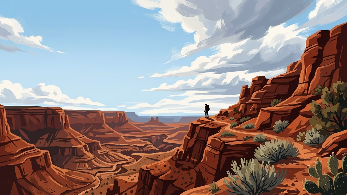 A desert canyon overlook with layered red rock shapes and a lone hiker on a trail.