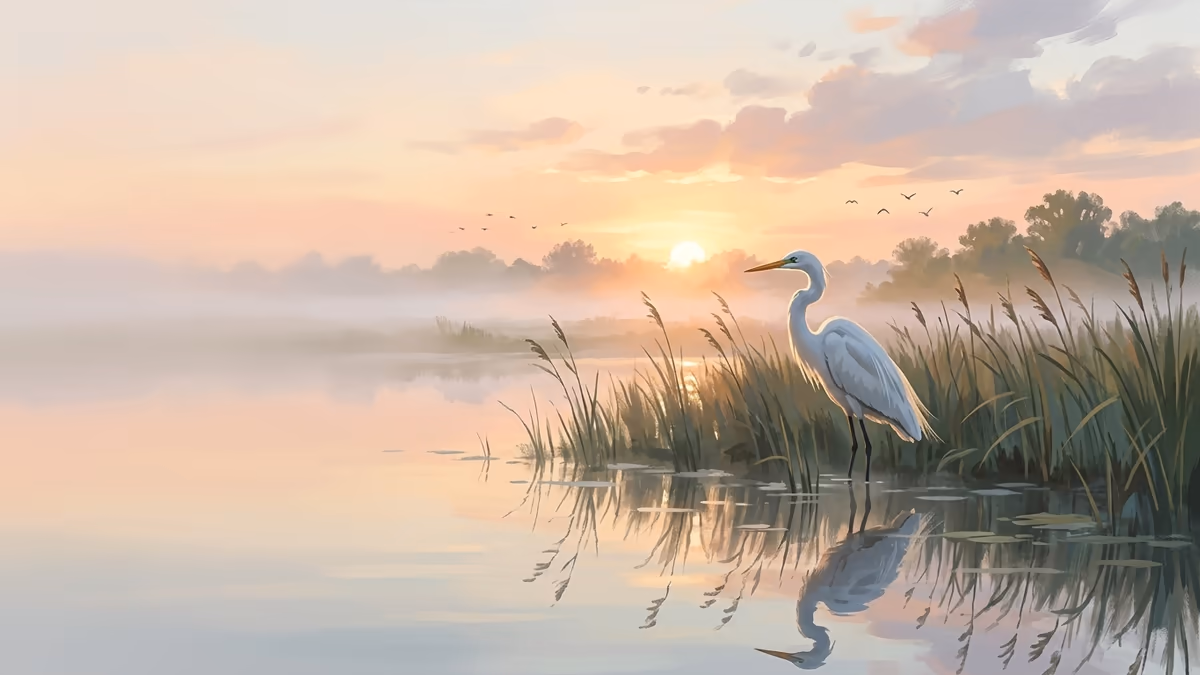 An egret standing in a marsh at sunrise with reeds, reflective water, and soft mist.