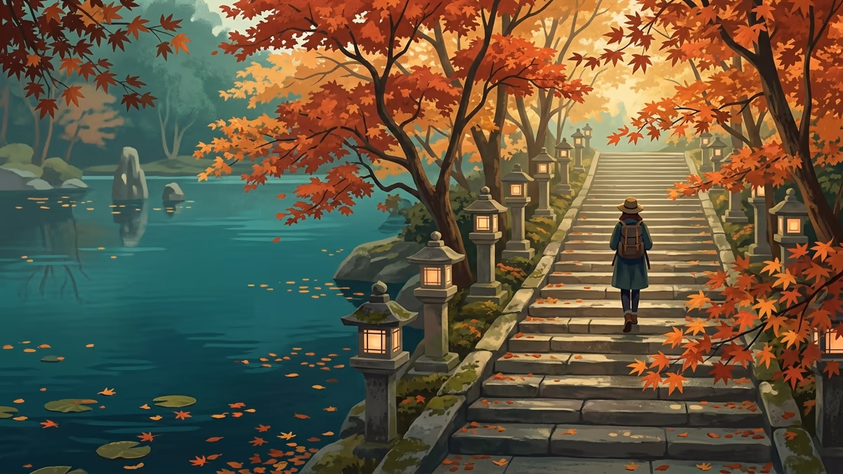 Kyoto temple steps in autumn with lanterns, red maples, and one traveler ascending.