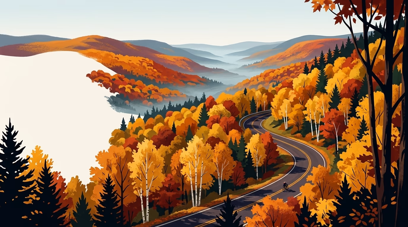 A winding mountain road through autumn forest, golden and red canopy stretching across rolling hills toward a distant valley.