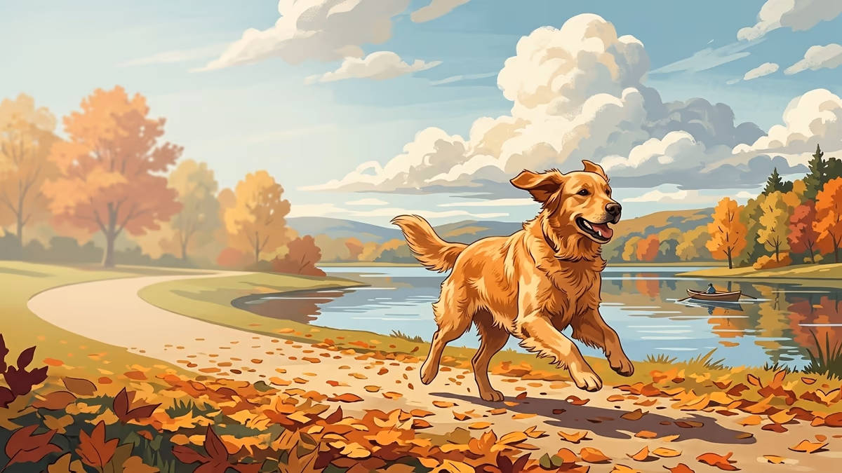 A golden retriever running through an autumn park beside a path and lake.