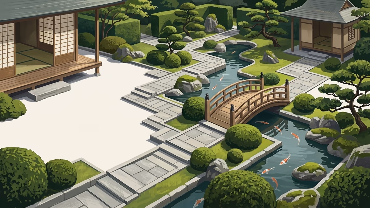 A formal Japanese garden with branching stone paths, bridges over water, and clipped trees.