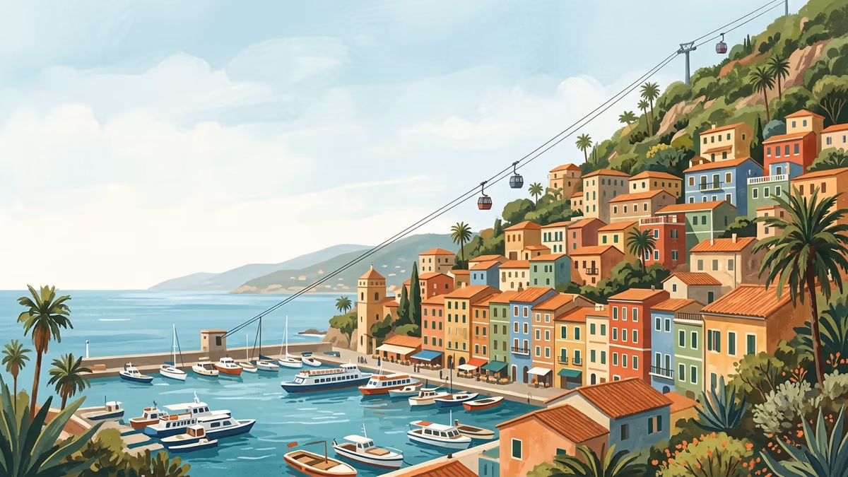 A colorful hillside coastal city with cable cars, stacked buildings, and a harbor below.