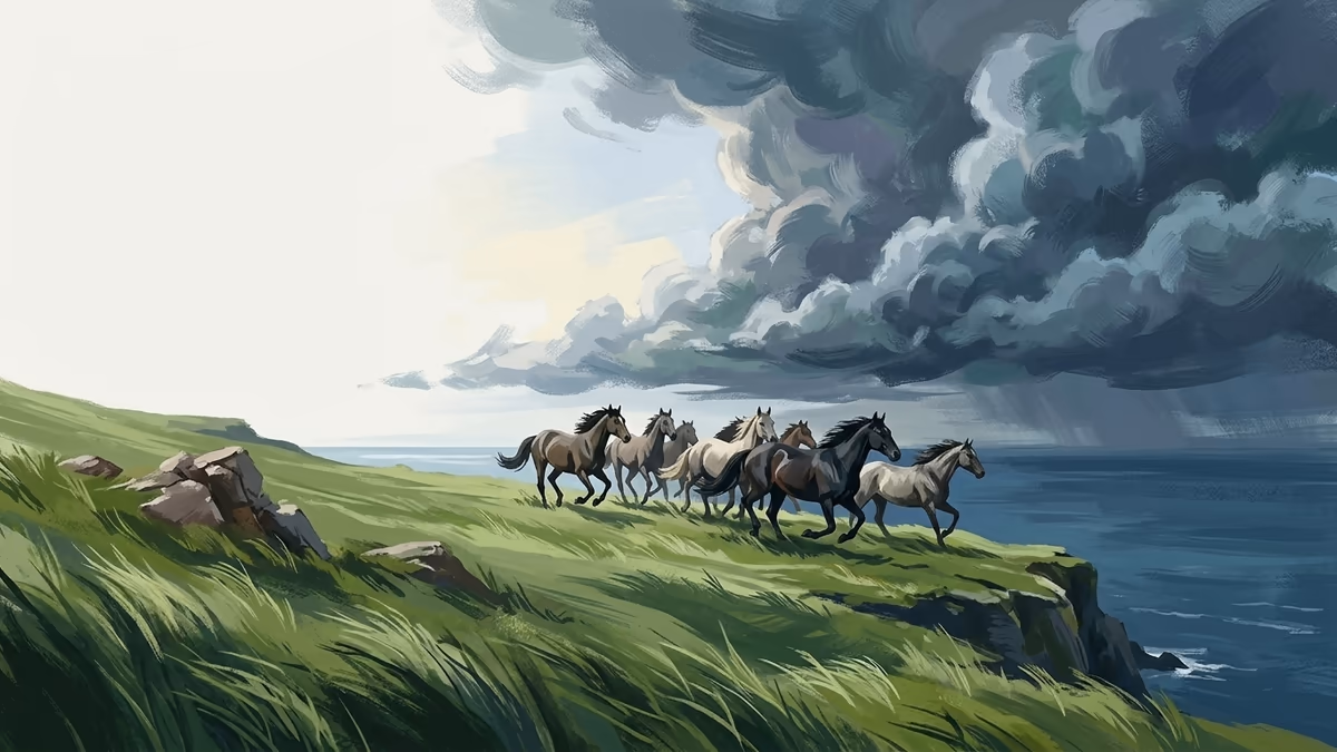 Wild horses standing on a windy green coastline above the sea under dramatic clouds.