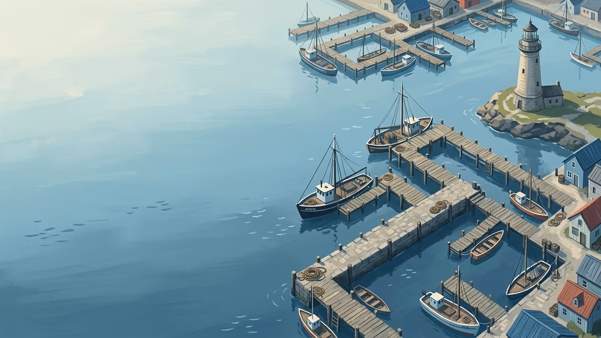 An overhead harbor scene with fishing boats, layered docks, and a lighthouse in cool northern light.