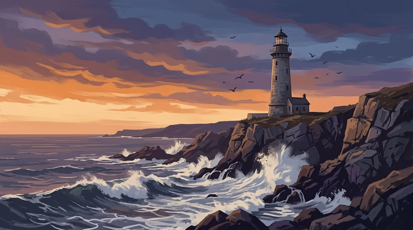 A dramatic rocky coastline at dusk with a weathered lighthouse, waves crashing against the cliffs, and a pastel sky above.