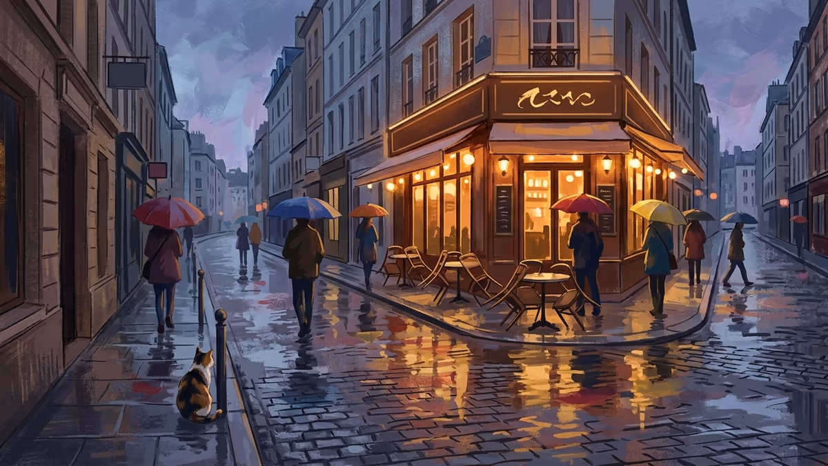 A rainy city corner cafe with glowing windows, umbrellas, wet cobblestones, and a cat near the curb.