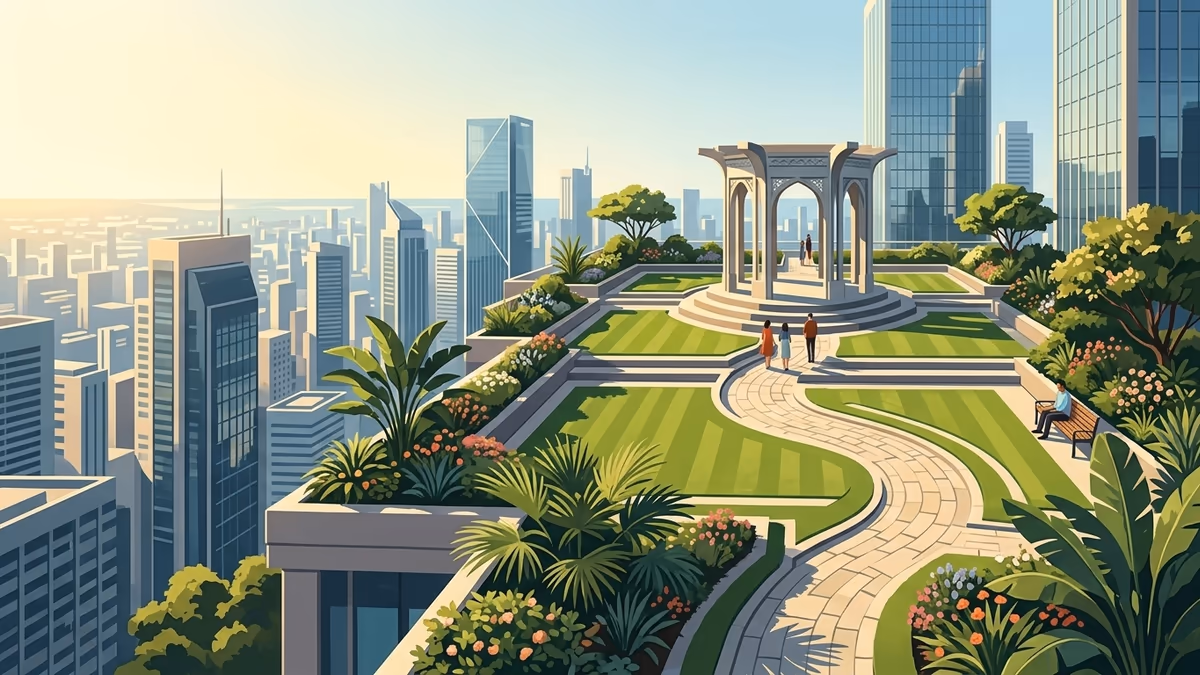 A scenic editorial illustration for "Unlock Efficiency: Your Customizable Form Builder Guide 2026" featuring a sunlit rooftop garden flowing above a dense city skyline.