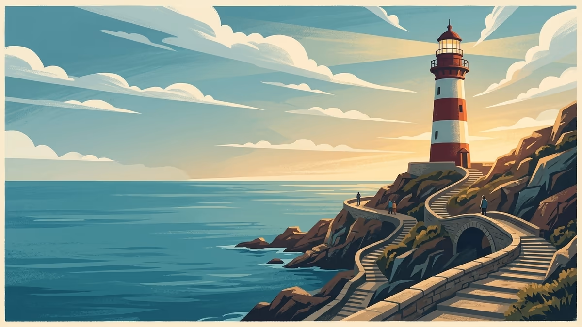 A scenic editorial illustration for "A Startup Lead Generation Playbook for Modern Teams in 2026" featuring a coastal lighthouse and rocky shoreline under expansive clouds.