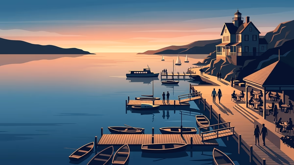 A scenic editorial illustration for "Customer Care Ticketing Systems: A Complete Guide (2026)" featuring a harbor promenade with boats, boardwalks, and clean horizon lines.