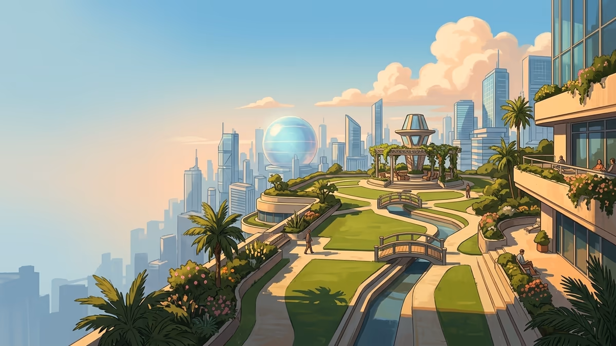 A scenic editorial illustration for "Calendar Invite iPhone: The Complete Guide for 2026" featuring a sunlit rooftop garden flowing above a dense city skyline.