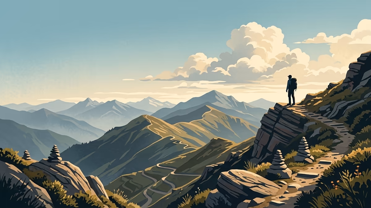 A scenic editorial illustration for "10 Best Website Lead Generation Tools for 2026" featuring a mountain overlook with a winding trail and atmospheric light.