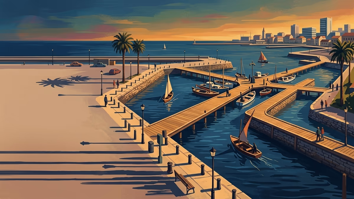 A scenic editorial illustration for "No-Code Form Builder: The 2026 Guide for Modern Teams" featuring a harbor promenade with boats, boardwalks, and clean horizon lines.
