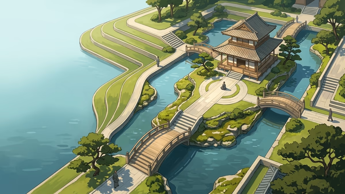 A scenic editorial illustration for "Client Intake Forms: Powerful Workflows Guide" featuring a serene park with water channels, bridges, and precise pathways.