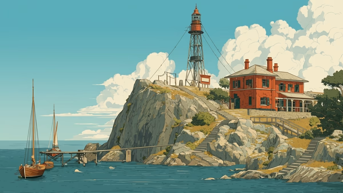 A scenic editorial illustration for "Customer Portal Software: A Guide to Smarter Workflows" featuring a coastal lighthouse and rocky shoreline under expansive clouds.