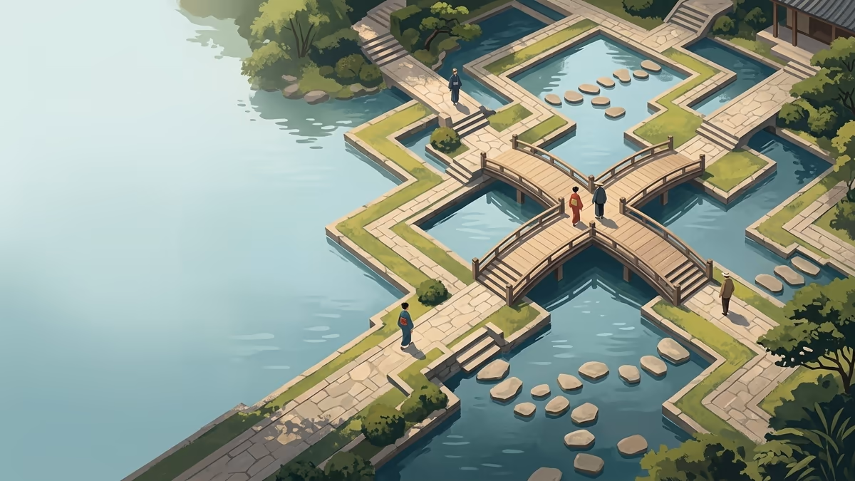 A scenic editorial illustration for "Lead Capture Forms That Convert: The Complete 2026 Guide" featuring a serene park with water channels, bridges, and precise pathways.
