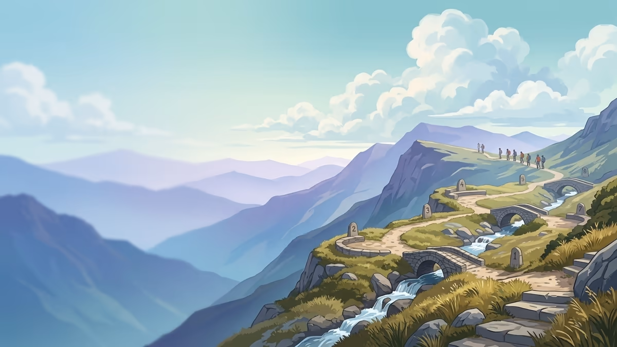 A scenic editorial illustration for "8 Best Practices for Form Design to Boost Conversions" featuring a mountain overlook with a winding trail and atmospheric light.