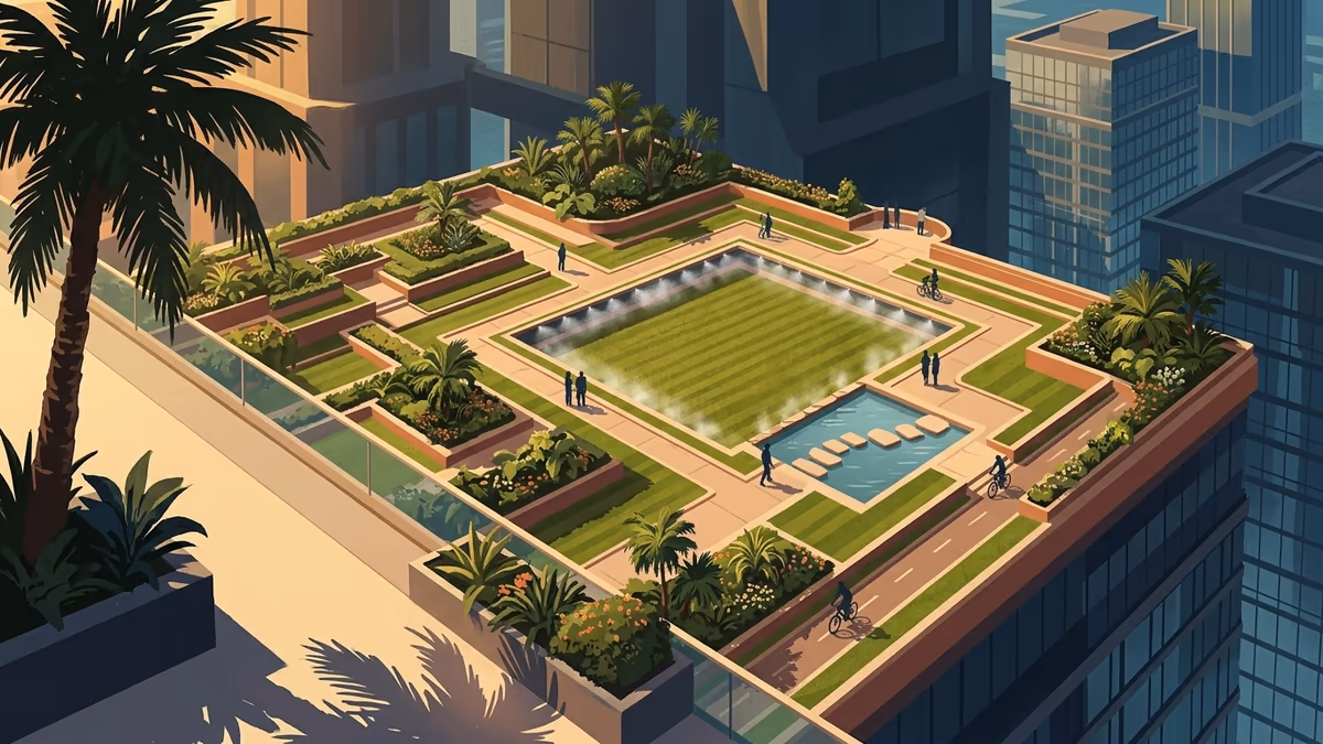 A scenic editorial illustration for "A Complete Guide to Service Desk Automation for 2026" featuring a sunlit rooftop garden flowing above a dense city skyline.