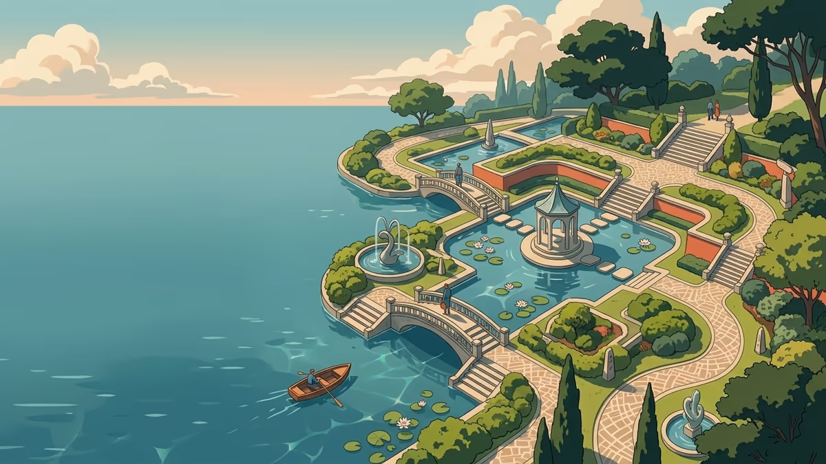 A scenic editorial illustration for "Software Lead Generation: A Guide to Automated Funnels" featuring a serene park with water channels, bridges, and precise pathways.