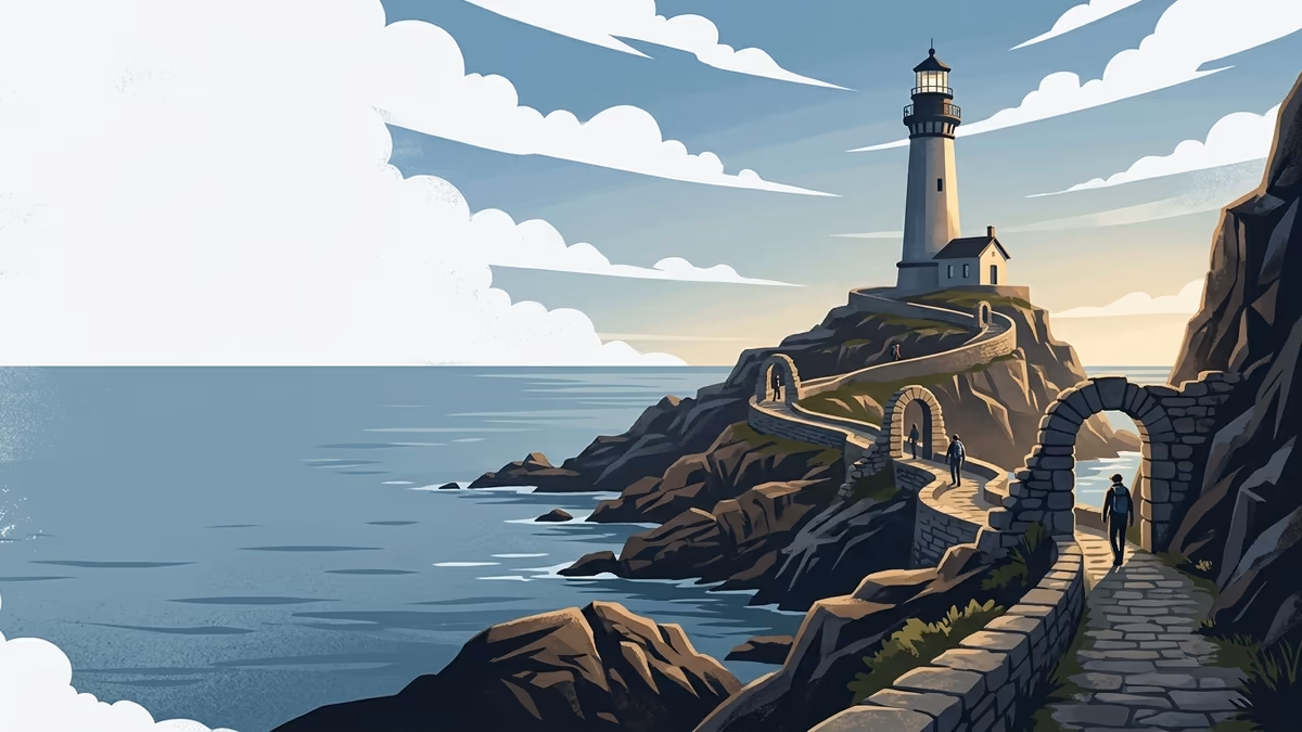 A scenic editorial illustration for "360 Performance Review Software: A Complete 2026 Guide" featuring a coastal lighthouse and rocky shoreline under expansive clouds.
