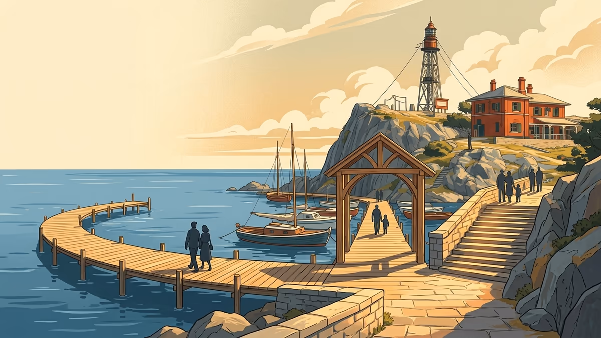 A scenic editorial illustration for "Patient Intake Management Software: Your 2026 Guide" featuring a harbor promenade with boats, boardwalks, and clean horizon lines.