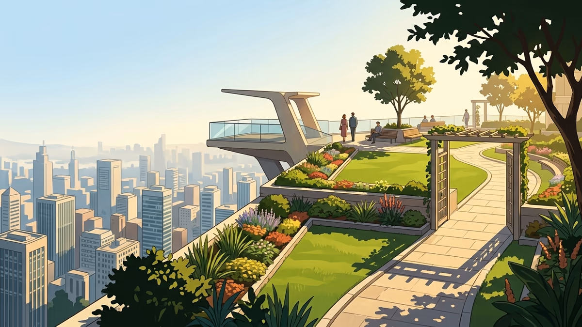 A scenic editorial illustration for "Performance Review Software: Find the Best for Agile Teams" featuring a sunlit rooftop garden flowing above a dense city skyline.