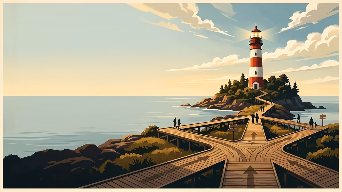 A scenic editorial illustration for "Lead Scoring Software: A Practical Guide for 2026" featuring a coastal lighthouse and rocky shoreline under expansive clouds.