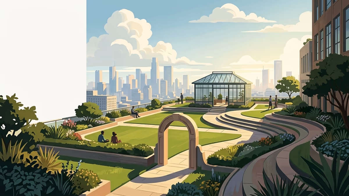 A scenic editorial illustration for "Employee Engagement Survey Software: A Complete Guide" featuring a sunlit rooftop garden flowing above a dense city skyline.