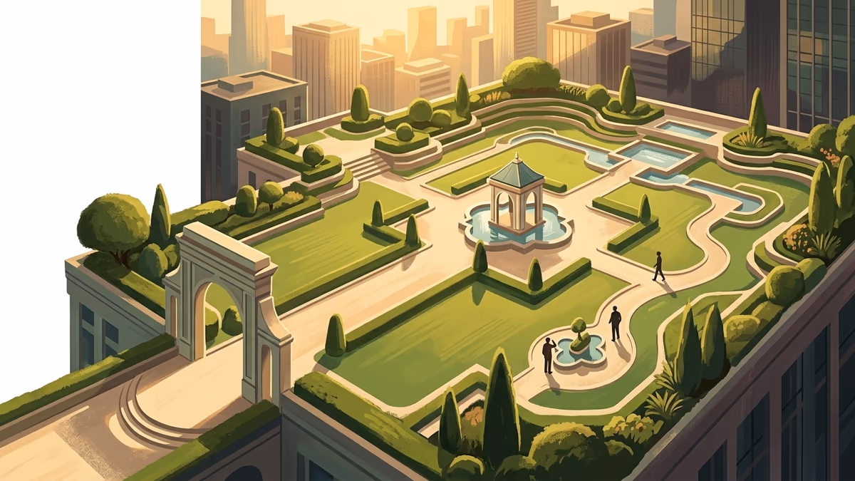 A scenic editorial illustration for "Client Intake and CRM Software for Small Law Firms" featuring a sunlit rooftop garden flowing above a dense city skyline.