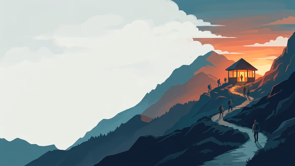 A scenic editorial illustration for "Online Performance Review Software: A Practical Guide" featuring a mountain overlook with a winding trail and atmospheric light.