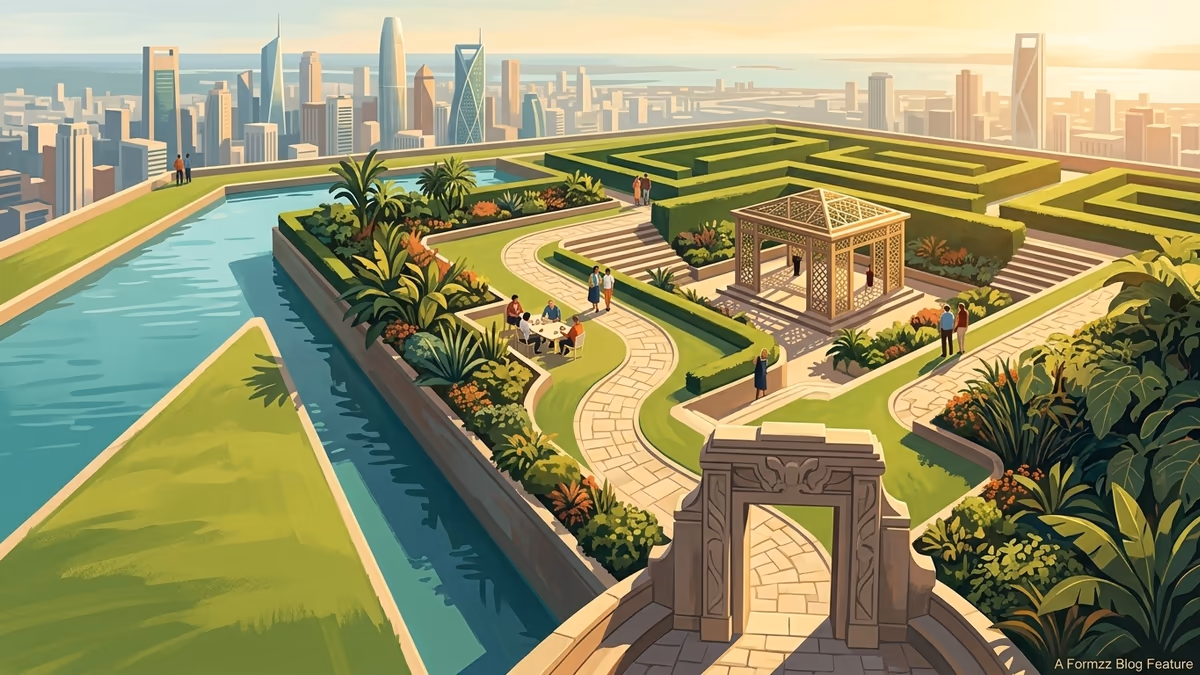 A scenic editorial illustration for "10 Best Community Management Tools for 2026" featuring a sunlit rooftop garden flowing above a dense city skyline.