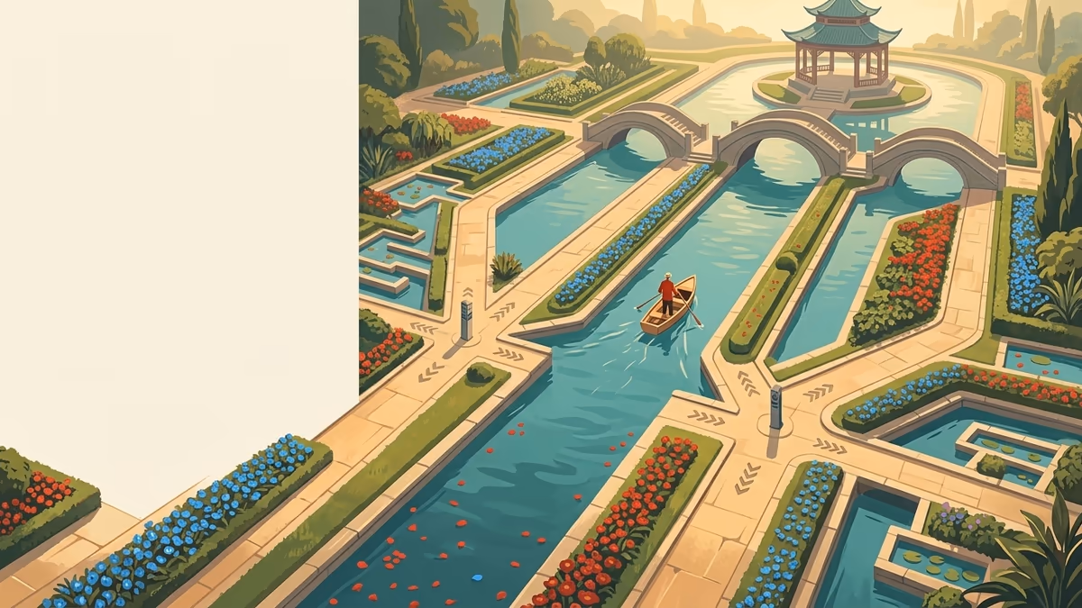 A scenic editorial illustration for "Salesforce Form Integration: Master Lead Capture" featuring a serene park with water channels, bridges, and precise pathways.