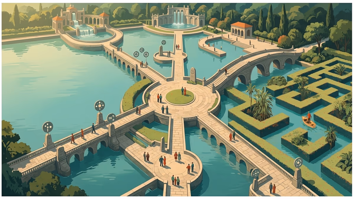 A scenic editorial illustration for "Chatbot Integration with WhatsApp a Step-by-Step Guide" featuring a serene park with water channels, bridges, and precise pathways.