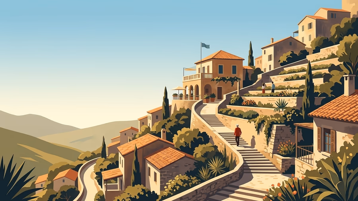 A scenic editorial illustration for "Advertising Agency Project Management Software: 2026 Guide" featuring a hillside village with stepped paths and bright open sky.