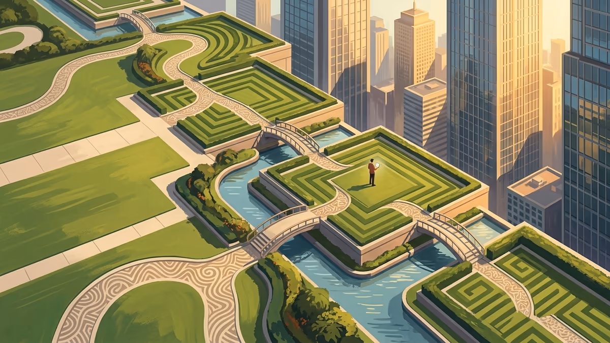 A scenic editorial illustration for "Real Estate Lead Capture: A Complete System Guide for 2026" featuring a sunlit rooftop garden flowing above a dense city skyline.