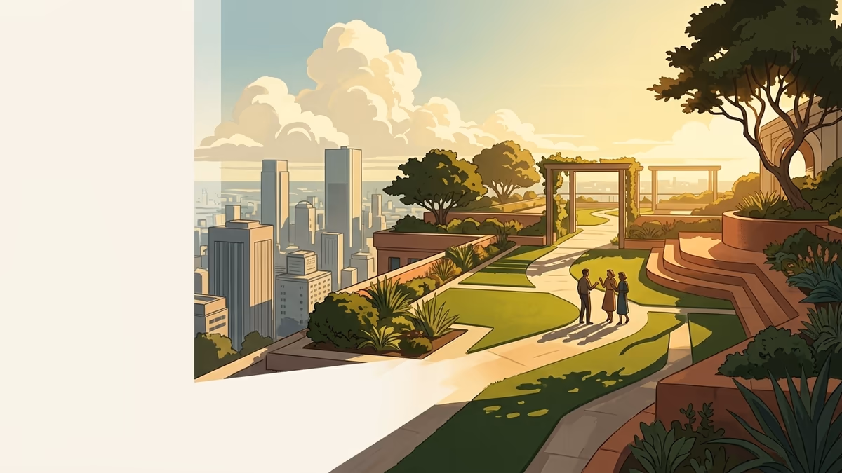 A scenic editorial illustration for "A Practical Guide to 360 Degree Feedback Software in 2026" featuring a sunlit rooftop garden flowing above a dense city skyline.